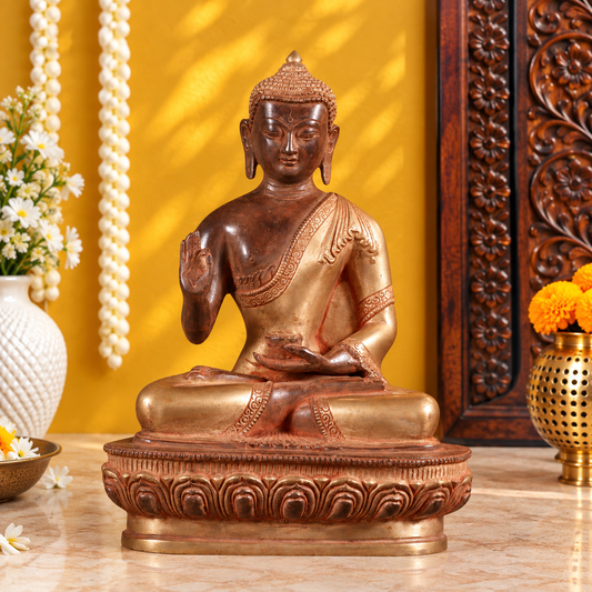 Brassaura® Buddha Blessing Idol with Green Antique Finish | Pure Superfine Brass Handcrafted Murti | Brass Statue for Home Temple, Pooja Room | Height 10.5 Inches | Weight 3.420 Kgs