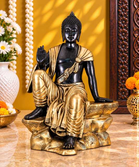 Brassaura® Buddha Sitting Idol with Black Heat-Treated Finish | Pure Superfine Brass Handcrafted Murti | Brass Statue for Home Temple, Pooja Room | Height 30 Inches | Weight 45 Kgs