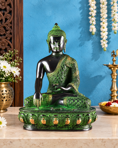 ब्रासौड़ा™ शुद्ध पीतल बुद्ध प्रतिमा – ऊँचाई 13 इंच, वज़न 6.66 किलोग्राम