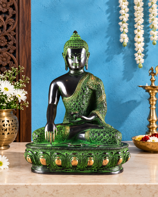 Brassaura® Buddha Sitting in Bhumisparsha Mudra with Three-Tone Black, Green & Gold Finish | Pure Superfine Brass Handcrafted Murti | Brass Statue for Home Temple, Pooja Room | Height 13 Inches | Weight 6.66 Kgs