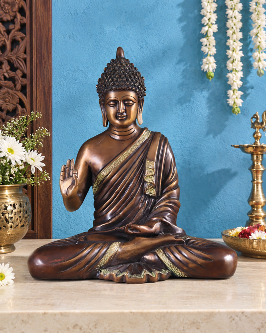 Brassaura® Buddha Sitting in Abhaya Mudra with Dark Brown Antique Finish | Pure Superfine Brass Handcrafted Murti | Brass Statue for Home Temple, Pooja Room | Height 15 Inches | Weight 7.8 Kgs