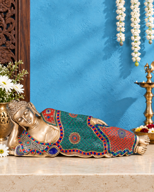 Brassaura® Resting Buddha in Reclining Nirvana Pose with Multicolor Meenakari Stonework | Pure Superfine Brass Handcrafted Murti | Brass Statue for Home Temple, Pooja Room | Height 12 Inches | Weight 18 Kgs