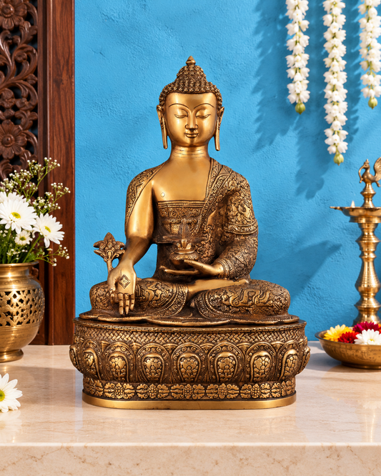 Brassaura® Buddha Sitting in Bhumisparsha Mudra with Antique Gold & Bronze Finish and Intricate Robe Carvings | Pure Superfine Brass Handcrafted Murti | Brass Statue for Home Temple, Pooja Room | Height 22 Inches | Weight 18 Kgs