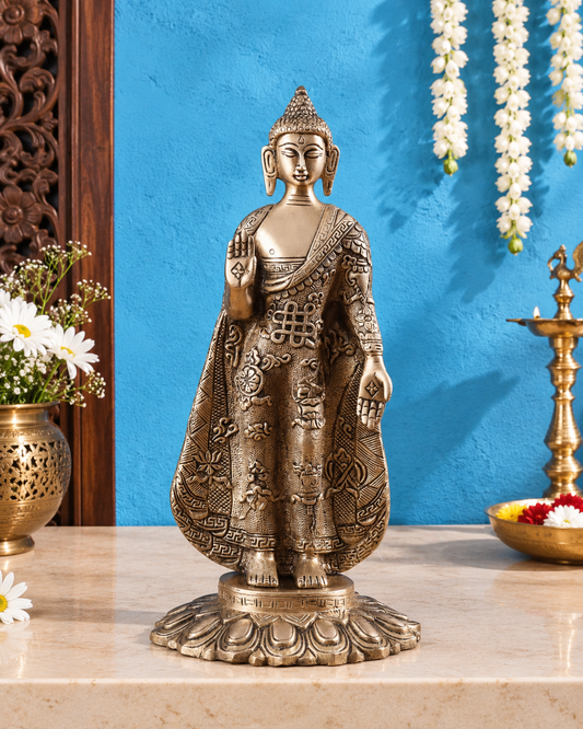 Brassaura® Buddha Standing in Blessing Pose with Antique Silver Finish & Fully Engraved Detailing | Pure Superfine Brass Handcrafted Murti | Brass Statue for Home Temple, Pooja Room | Height 11 Inches | Weight 2.7 Kgs