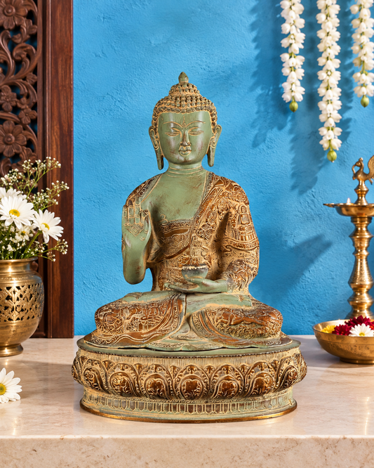 Brassaura® Blessing Buddha Sitting in Abhaya Mudra with Vintage Green Sandatine Finish & Engraved Life Story | Pure Superfine Brass Handcrafted Murti | Brass Statue for Home Temple, Pooja Room | Height 15 Inches | Weight 7.8 Kgs