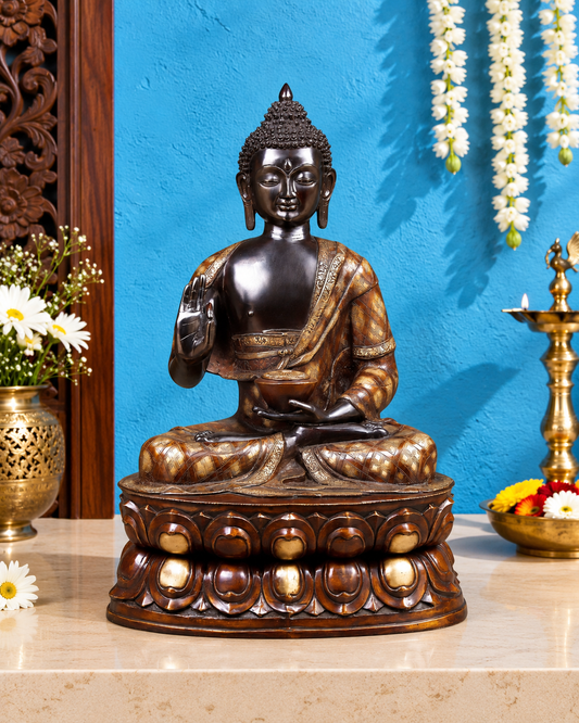 Brassaura® Buddha Sitting in Meditation Pose with Dark Antique Finish & Intricate Detailing | Pure Superfine Brass Handcrafted Murti | Brass Statue for Home Temple, Pooja Room | Height 38 Inches | Weight 54.85 Kgs