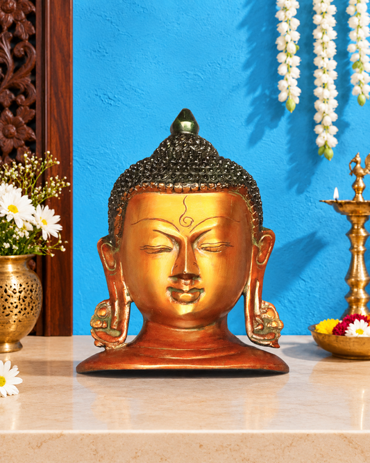 Brassaura® Lord Buddha Face Wall Hanging with Dual Tone Vintage Finish | Pure Superfine Brass Handcrafted Murti | Brass Statue for Home Temple, Pooja Room | Height 6.5 Inches | Weight 1.12 Kgs