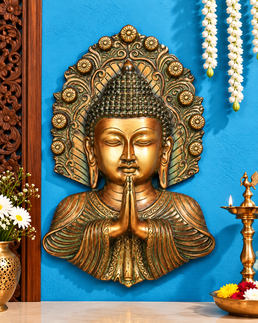 Brassaura® Buddha Face Wall Hanging in Namaste Pose with Vintage Dual-Tone Finish | Pure Superfine Brass Handcrafted Murti | Brass Statue for Home Temple, Pooja Room | Height 9.5 Inches | Weight 1.6 Kgs