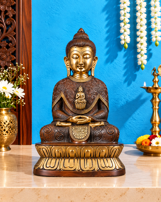 Brassaura® Buddha Sitting in Meditation Pose with Dual-Tone Brown & Gold Finish | Pure Superfine Brass Handcrafted Murti | Brass Statue for Home Temple, Pooja Room | Height 13.5 Inches | Weight 5 Kgs