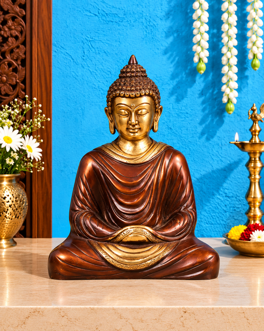 Brassaura® Buddha Sitting in Meditation Pose with Dual-Tone Antique Finish | Pure Superfine Brass Handcrafted Murti | Brass Statue for Home Temple, Pooja Room | Height 7.5 Inches | Weight 2 Kgs