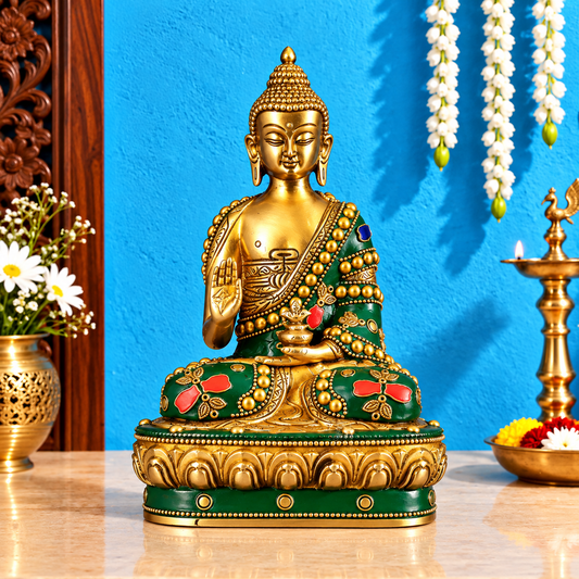 Brassaura® Buddha Sitting in Abhaya Aashirwad Mudra with Multicolor Leveled Stonework & Ornate Brass Jewel Finish | Pure Superfine Brass Handcrafted Murti | Brass Statue for Home Temple, Pooja Room | Height 7.5 Inches | Weight 1.7 Kgs