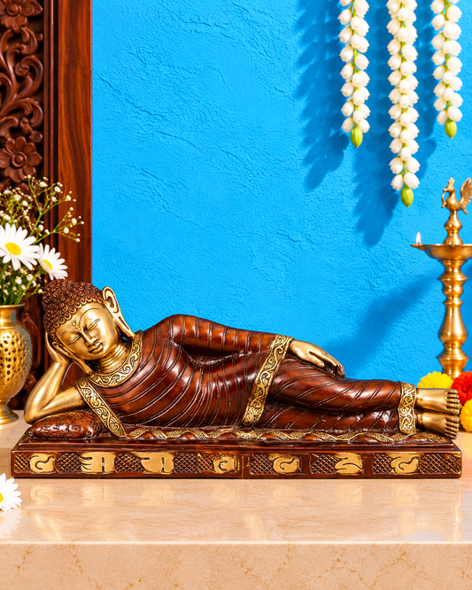 Brassaura® Reclining Sleeping Buddha in Nirvana Pose with Dual-Tone Brown & Gold Finish | Pure Superfine Brass Handcrafted Murti | Brass Statue for Home Temple, Pooja Room | Height 9 Inches | Weight 8.82 Kgs