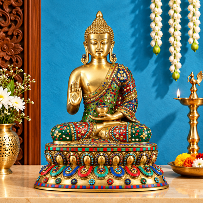 Brassaura™ प्योर ब्रास ब्लेसिंग बुद्धा आइडल विद मोज़ेक फ्लोरल स्टोनवर्क – ऊंचाई 20 इंच, वज़न 19 किलोग्राम