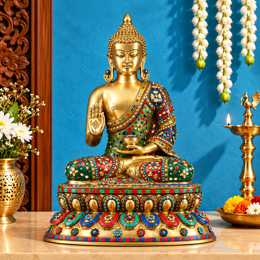 Brassaura® Buddha Sitting in Abhaya Mudra Blessing Pose with Mosaic Floral Stonework | Pure Superfine Brass Handcrafted Murti | Brass Statue for Home Temple, Pooja Room | Height 20 Inches | Weight 19 Kgs