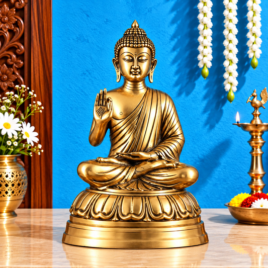 Brassaura® Buddha Sitting in Blessing Pose with Golden Brass Finish | Pure Superfine Brass Handcrafted Murti | Brass Statue for Home Temple, Pooja Room | Height 16 Inches | Weight 6.5 Kgs