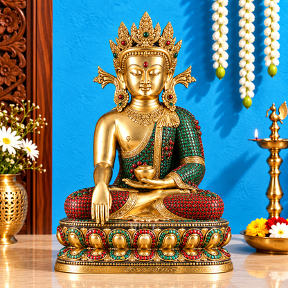 Brassaura® Crown Buddha Sitting in Meditation Pose with Tibetan Copper Wire Work | Pure Superfine Brass Handcrafted Murti | Brass Statue for Home Temple, Pooja Room | Height 22 Inches | Weight 23.78 Kgs