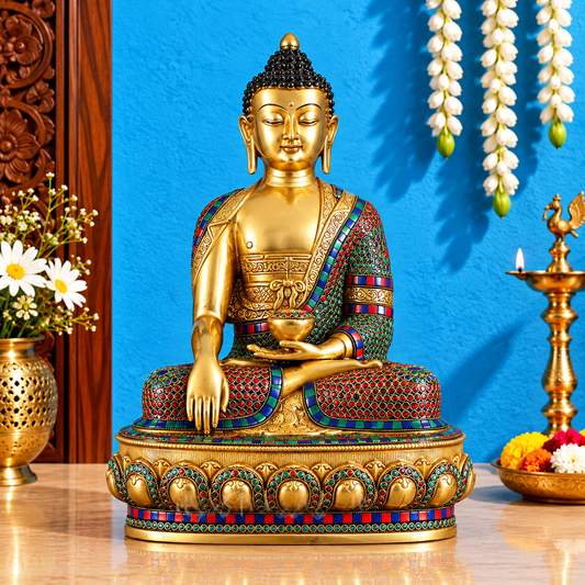 Brassaura® Buddha Sitting in Bhumisparsha Mudra with Medicine Bowl & Nepali Inlay Stonework | Pure Superfine Brass Handcrafted Murti | Brass Statue for Home Temple, Pooja Room | Height 21.5 Inches | Weight 22 Kgs