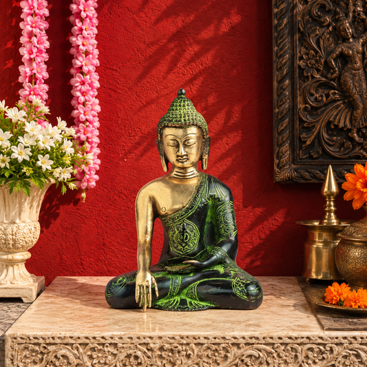 Brassaura® Buddha Sitting in Bhumisparsha Mudra with Black & Green Antique Finish | Pure Superfine Brass Handcrafted Murti | Brass Statue for Home Temple, Pooja Room | Height 7 Inches | Weight 2 Kgs