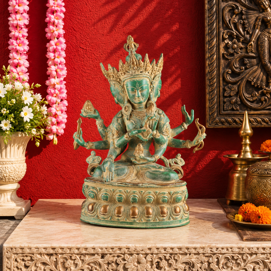 Brassaura® Multi-Armed Buddhist Deity Sitting on Ornate Lotus Base with Green Sandstone Finish | Pure Superfine Brass Handcrafted Murti | Brass Statue for Home Temple, Pooja Room | Height 13.5 Inches | Weight 5.8 Kgs