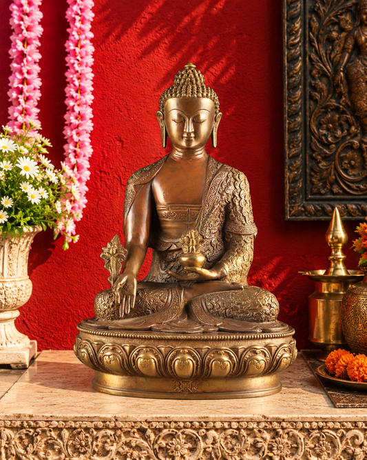 Brassaura® Healing Medicine Buddha Sitting in Bhumisparsha Mudra with Super Antique Bronze Finish | Pure Superfine Brass Handcrafted Murti | Brass Statue for Home Temple, Pooja Room | Height 17 Inches | Weight 12 Kgs