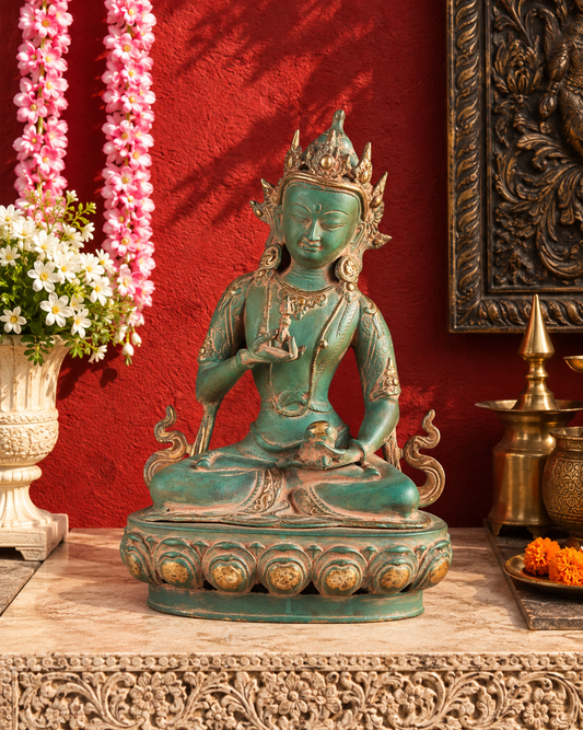 Brassaura® Vajrasattva Buddha Seated in Meditation Pose with Antique Green Patina Finish | Pure Superfine Brass Handcrafted Murti | Brass Statue for Home Temple, Pooja Room | Height 16 Inches | Weight 5.7 Kgs