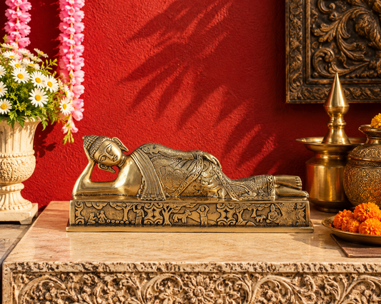 Brassaura® Reclining Buddha in Resting Nirvana Pose with Antique Gold Finish & Intricate Engraved Detailing | Pure Superfine Brass Handcrafted Murti | Brass Statue for Home Temple, Pooja Room | Height 4.6 Inches | Weight 2.55 Kgs