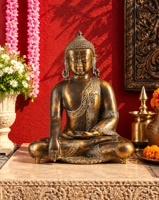 Brassaura® Buddha Sitting in Bhumisparsha Mudra with Antique Bronze & Gold Finish | Pure Superfine Brass Handcrafted Murti | Brass Statue for Home Temple, Pooja Room | Height 15 Inches | Weight 11 Kgs