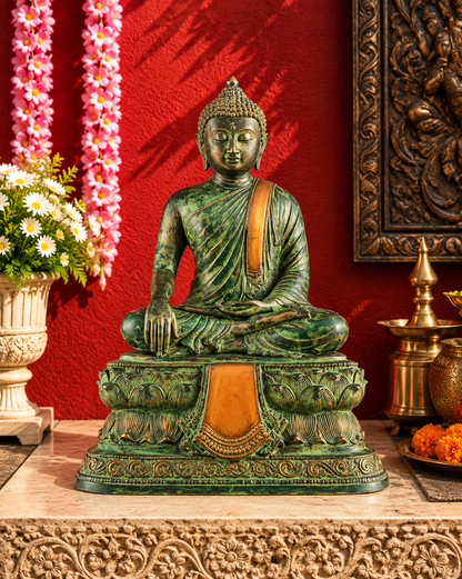 Brassaura® Blessing Buddha Sitting in Abhaya Mudra with Green Stone Finish | Pure Superfine Brass Handcrafted Murti | Brass Statue for Home Temple, Pooja Room | Height 15 Inches | Weight 7.43 Kgs