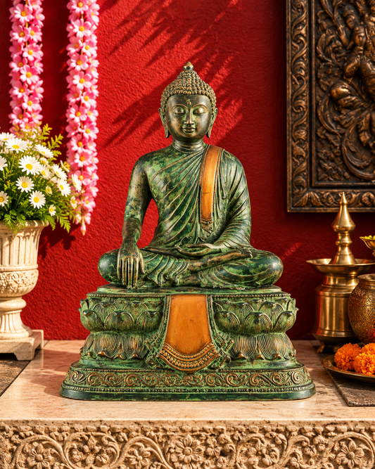 Brassaura® Blessing Buddha Sitting in Abhaya Mudra with Green Stone Finish | Pure Superfine Brass Handcrafted Murti | Brass Statue for Home Temple, Pooja Room | Height 15 Inches | Weight 7.43 Kgs