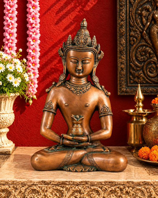 ब्रसौर™ शुद्ध पीतल की ध्यान मुद्रा में मुकुटधारी बुद्ध प्रतिमा - ऊँचाई 13 इंच, वज़न 5.16 किग्रा