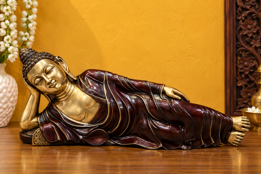 Brassaura® Resting Buddha in Reclining Nirvana Pose with Dual-Tone Brown & Gold Finish | Pure Superfine Brass Handcrafted Murti | Brass Statue for Home Temple, Pooja Room | Height 12 Inches | Weight 18 Kgs