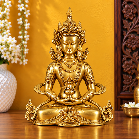 Brassaura® Buddha Sitting in Amitabha Mudra Meditation Pose with Fine Golden Brass Finish | Pure Superfine Brass Handcrafted Murti | Brass Statue for Home Temple, Pooja Room | Height 12 Inches | Weight 3.7 Kgs