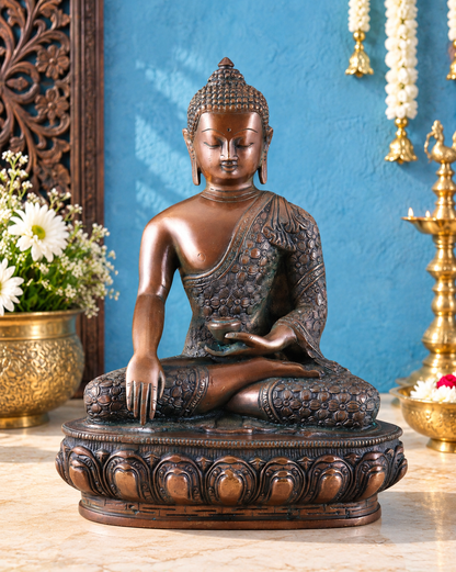 ब्रसौर™ शुद्ध पीतल की एंटीक मेडिसिन बुद्ध प्रतिमा – ऊंचाई 13.5 इंच, वज़न 6.8 किलोग्राम