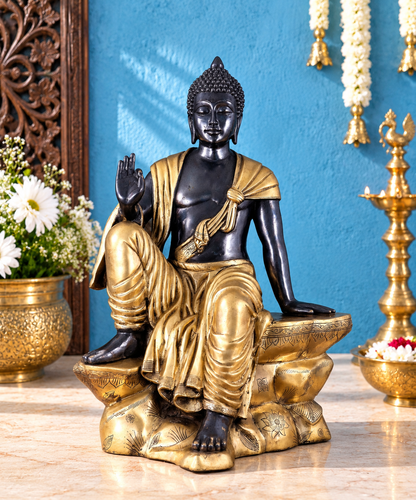 Brassaura® Buddha Sitting in Meditation Pose with Black Heat-Treated Finish | Pure Superfine Brass Handcrafted Murti | Brass Statue for Home Temple, Pooja Room | Height 30 Inches | Weight 45 Kgs