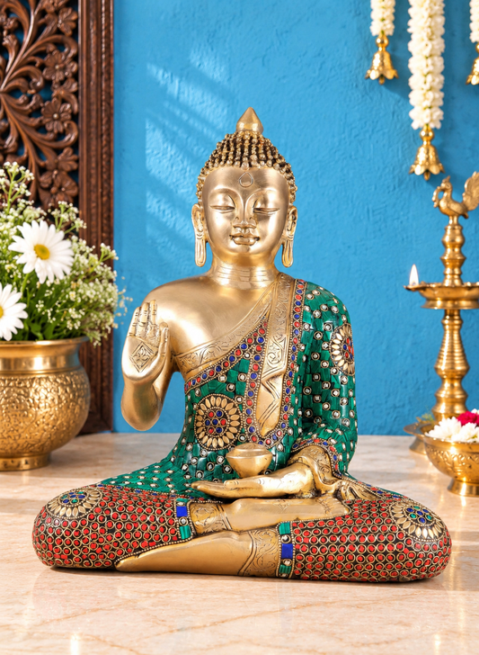 Brassaura® Buddha Sitting in Abhaya Mudra Blessing Pose with Intricate Brass Detailing | Pure Superfine Brass Handcrafted Murti | Brass Statue for Home Temple, Pooja Room | Height 14 Inches | Weight 8 Kgs