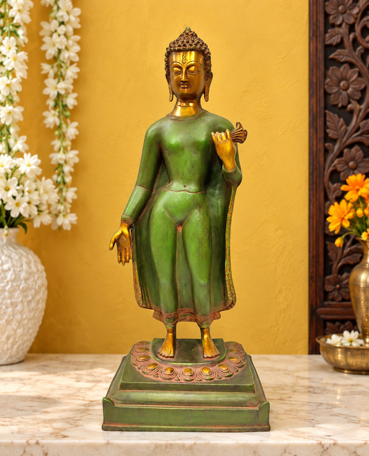 Brassaura® Buddha Standing in Graceful Pose with Mud Green Patina Finish | Pure Superfine Brass Handcrafted Murti | Brass Statue for Home Temple, Pooja Room | Height 22 Inches | Weight 10 Kgs