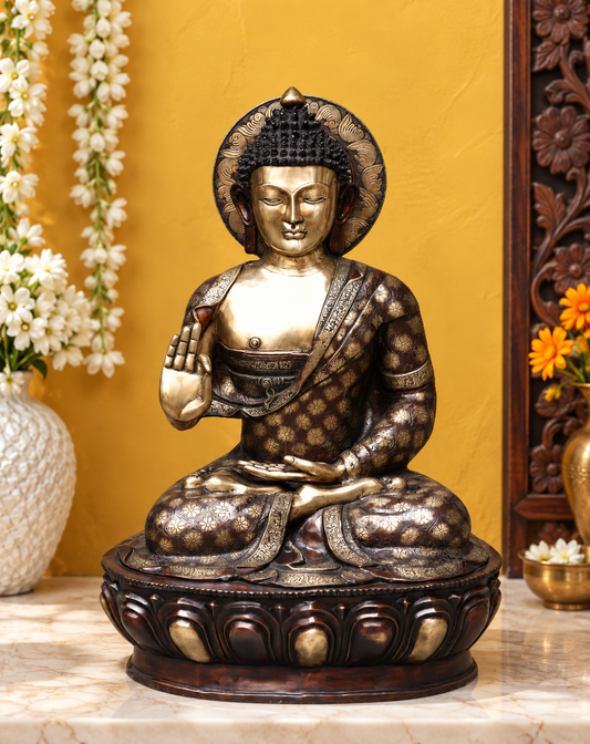 Brassaura® Buddha Sitting in Abhaya Mudra with Chequered Robe & Antique Dual-Tone Finish | Pure Superfine Brass Handcrafted Murti | Brass Statue for Home Temple, Pooja Room | Height 46 Inches | Weight 95 Kgs
