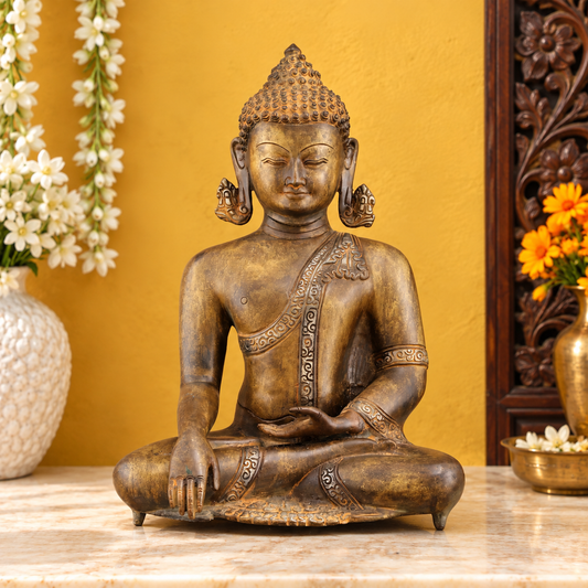 Brassaura® Buddha Sitting in Bhumisparsha Mudra with Vintage Sand Antique Finish | Pure Superfine Brass Handcrafted Murti | Brass Statue for Home Temple, Pooja Room | Height 14 Inches | Weight 6.6 Kgs