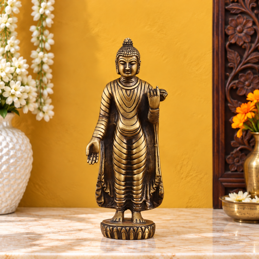 Title Brassaura® Standing Buddha Statue with Traditional Robe Detailing & Antique Brass Finish | Pure Superfine Brass Handcrafted Murti | Brass Statue for Home Temple, Pooja Room | Height 9 Inches | Weight 1.5 Kgs
