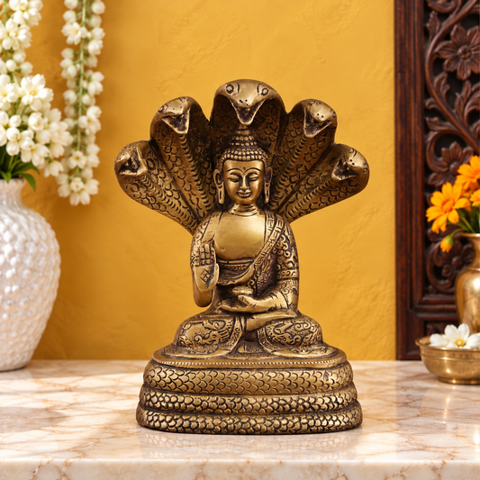 Brassaura® Buddha Under Serpent Muchalinda in Blessing Pose with Antique Gold Brass Finish | Pure Superfine Brass Handcrafted Murti | Brass Statue for Home Temple, Pooja Room | Height 8 Inches | Weight 2.33 Kgs