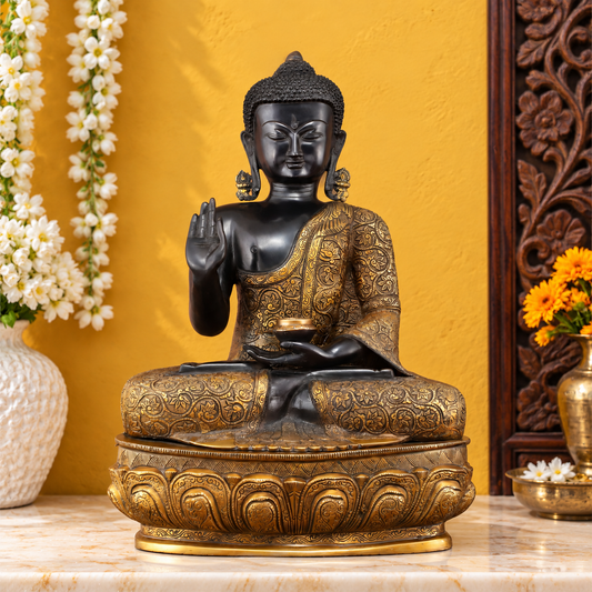 Brassaura® Gautama Buddha Sitting in Abhaya Mudra with Black Antique & Gold Finish | Pure Superfine Brass Handcrafted Murti | Brass Statue for Home Temple, Pooja Room | Height 21.5 Inches | Weight 22 Kgs