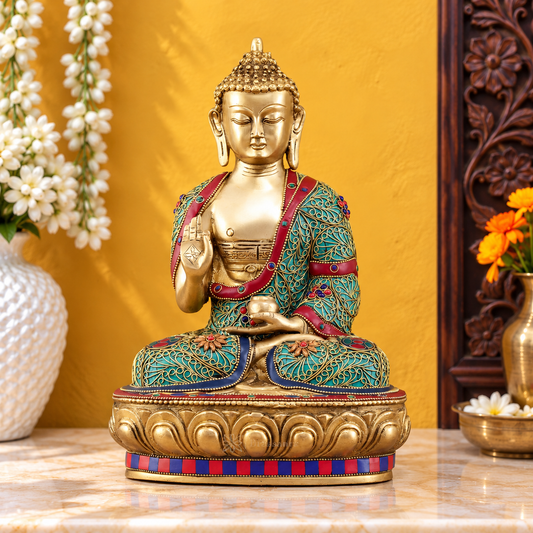 Brassaura® Buddha Sitting in Abhaya Mudra with Multicolor Stonework & Brass Wire Hand-Turned Detailing | Pure Superfine Brass Handcrafted Murti | Brass Statue for Home Temple, Pooja Room | Height 12 Inches | Weight 5.5 Kgs