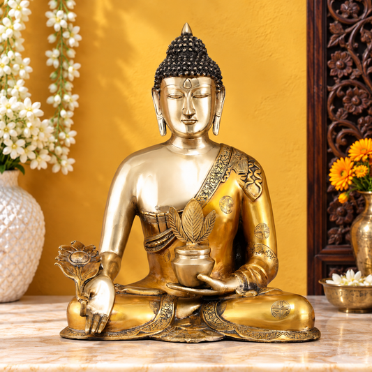 Brassaura® Medicine Healing Buddha Sitting in Bhumisparsha Mudra with Golden Brass Finish | Pure Superfine Brass Handcrafted Murti | Brass Statue for Home Temple, Pooja Room | Height 23 Inches | Weight 22 Kgs