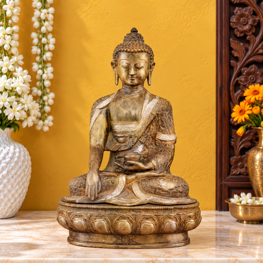Brassaura® Buddha Sitting in Bhumisparsha Mudra with Super Antique Sand Textured Finish | Pure Superfine Brass Handcrafted Murti | Brass Statue for Home Temple, Pooja Room | Height 17 Inches | Weight 12 Kgs