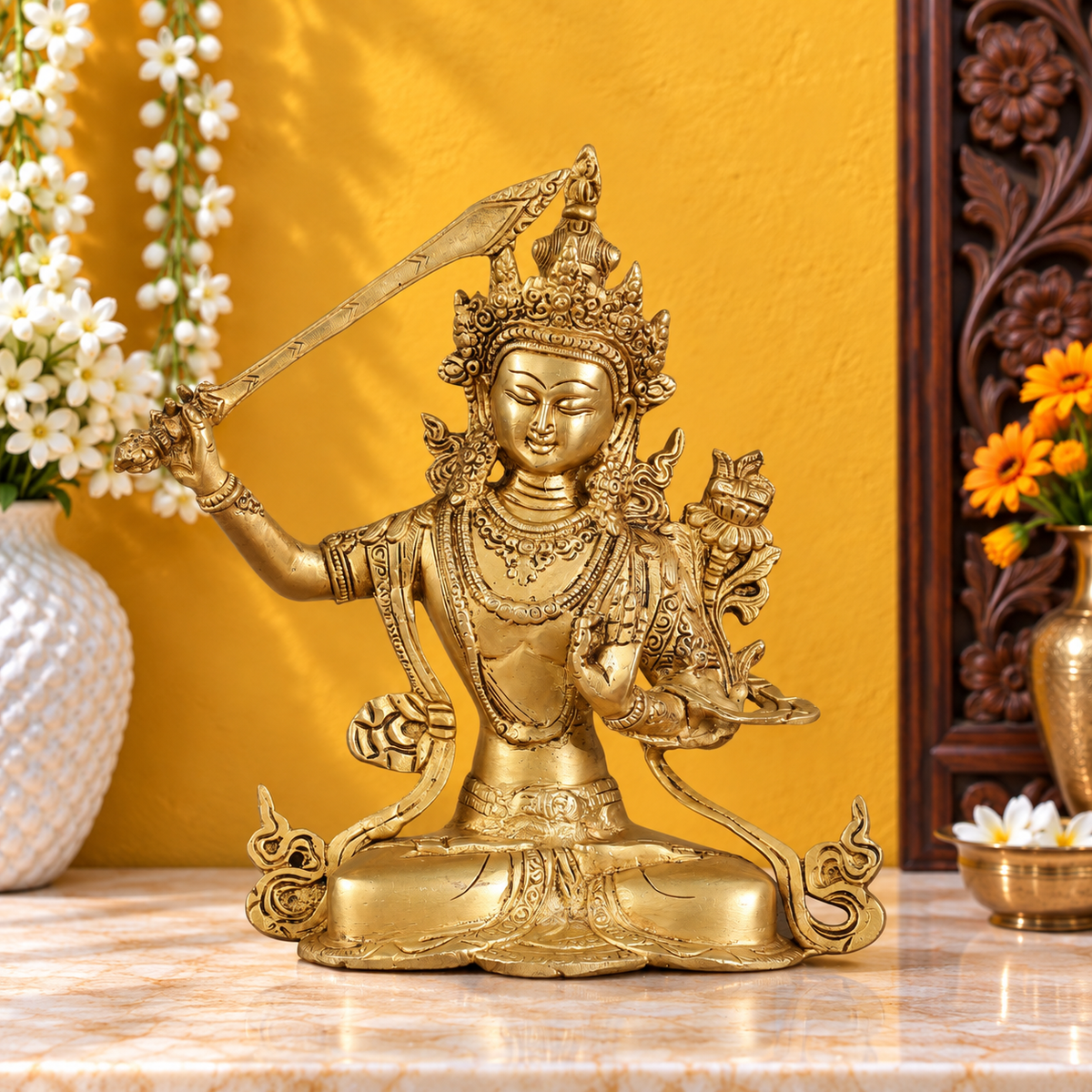 Brassaura® Seated Manjushri Buddhist Deity with Wisdom Sword & Golden Brass Finish | Pure Superfine Brass Handcrafted Murti | Brass Statue for Home Temple, Pooja Room | Height 10 Inches | Weight 3 Kgs
