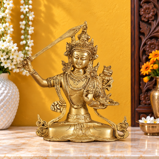 Brassaura® Seated Manjushri Buddhist Deity with Wisdom Sword & Golden Brass Finish | Pure Superfine Brass Handcrafted Murti | Brass Statue for Home Temple, Pooja Room | Height 10 Inches | Weight 3 Kgs