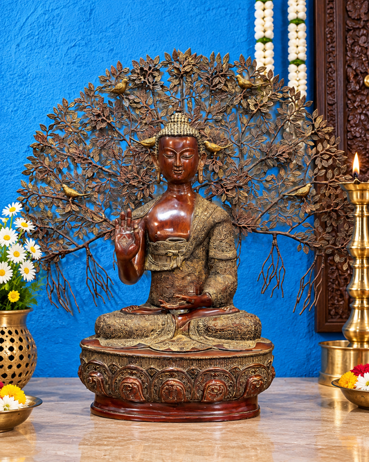 Brassaura® Buddha Sitting in Meditation & Blessing Pose with Antique Brown & Gold Brass Finish | Pure Superfine Brass Handcrafted Murti | Brass Statue for Home Temple, Pooja Room | Height 43.5 Inches | Weight 67 Kgs