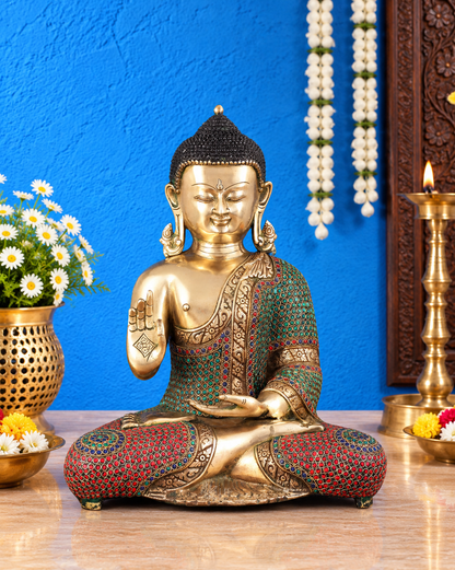 Brassaura® Lord Buddha Sitting in Blessing Mudra with Multicolor Meenakari Stonework | Pure Superfine Brass Handcrafted Murti | Brass Statue for Home Temple, Pooja Room | Height 16.5 Inches | Weight 12.12 Kgs