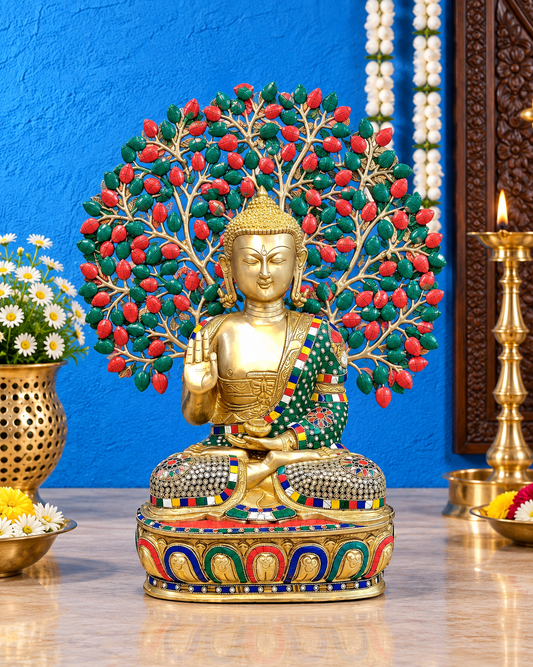 Brassaura® Buddha Sitting in Blessing Pose with Kalpavriksha & Multicolor Stonework | Pure Superfine Brass Handcrafted Murti | Brass Statue for Home Temple, Pooja Room | Height 25.5 Inches | Weight 19.5 Kgs