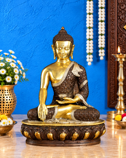 ब्रसौड़ा™ शुद्ध पीतल की भूमिस्पर्श मुद्रा बुद्ध प्रतिमा - ऊंचाई 13 इंच, वज़न 6.8 किलोग्राम